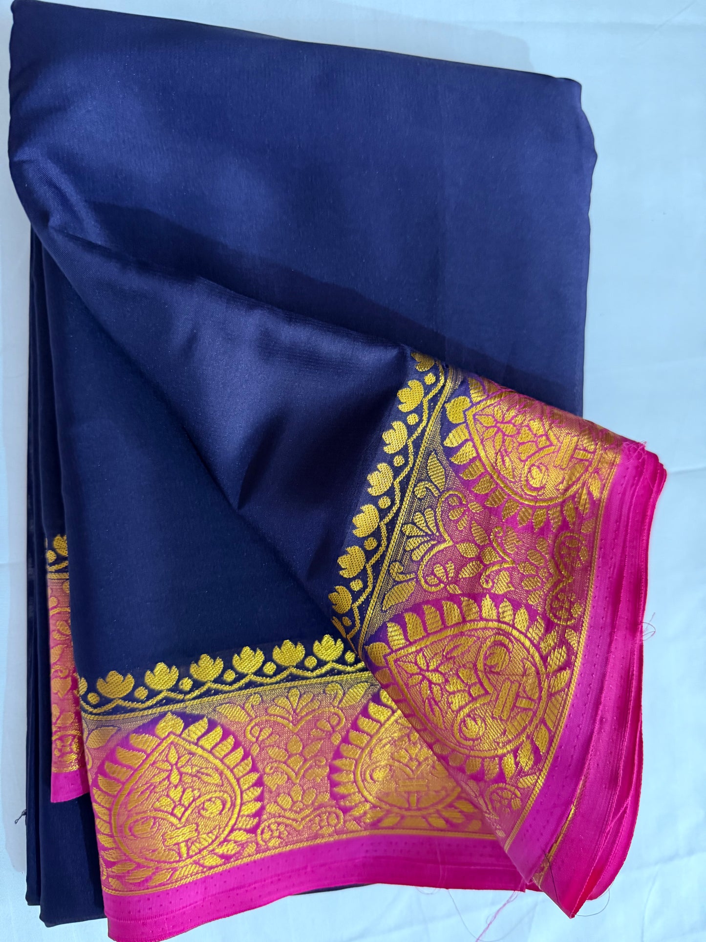 Mysore silk - Navy blue and pink saree with gold border