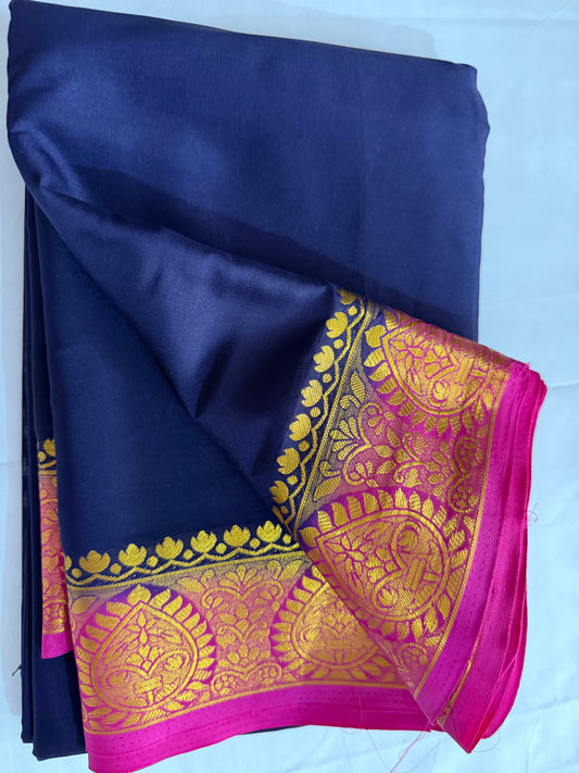 Mysore silk - Navy blue and pink saree with gold border