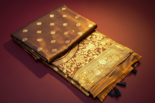 Banarasi Soft silk designer saree -Brown shining saree fabric with gold embroidery