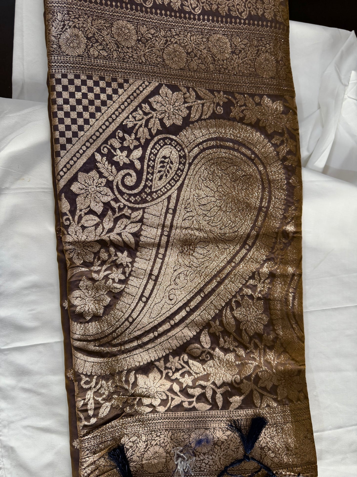 Banarasi Soft silk designer saree -Brown shining saree fabric with gold embroidery