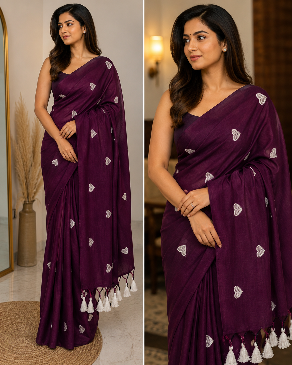 Kadhi Cotton saree- heart Print- Wine
