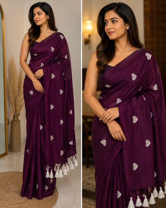 Kadhi Cotton saree- heart Print- Wine