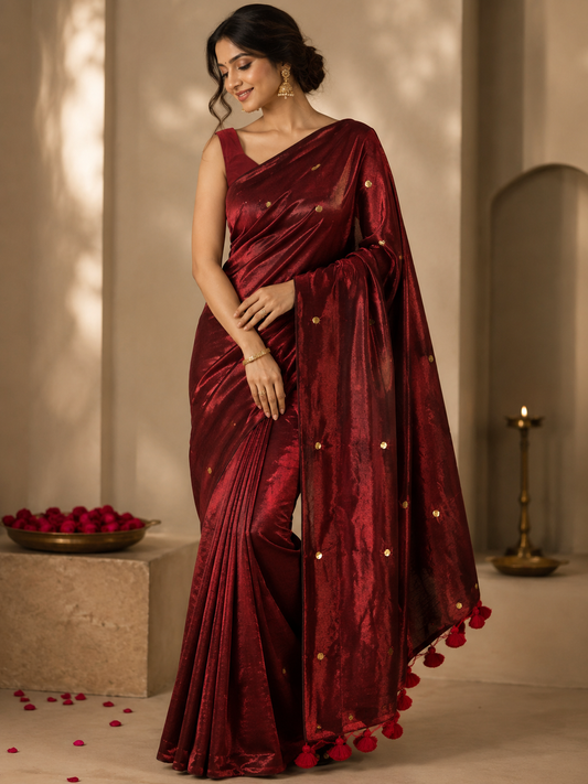 Kadhi Tissue Gini Saree - #peacock colour saree-maroon