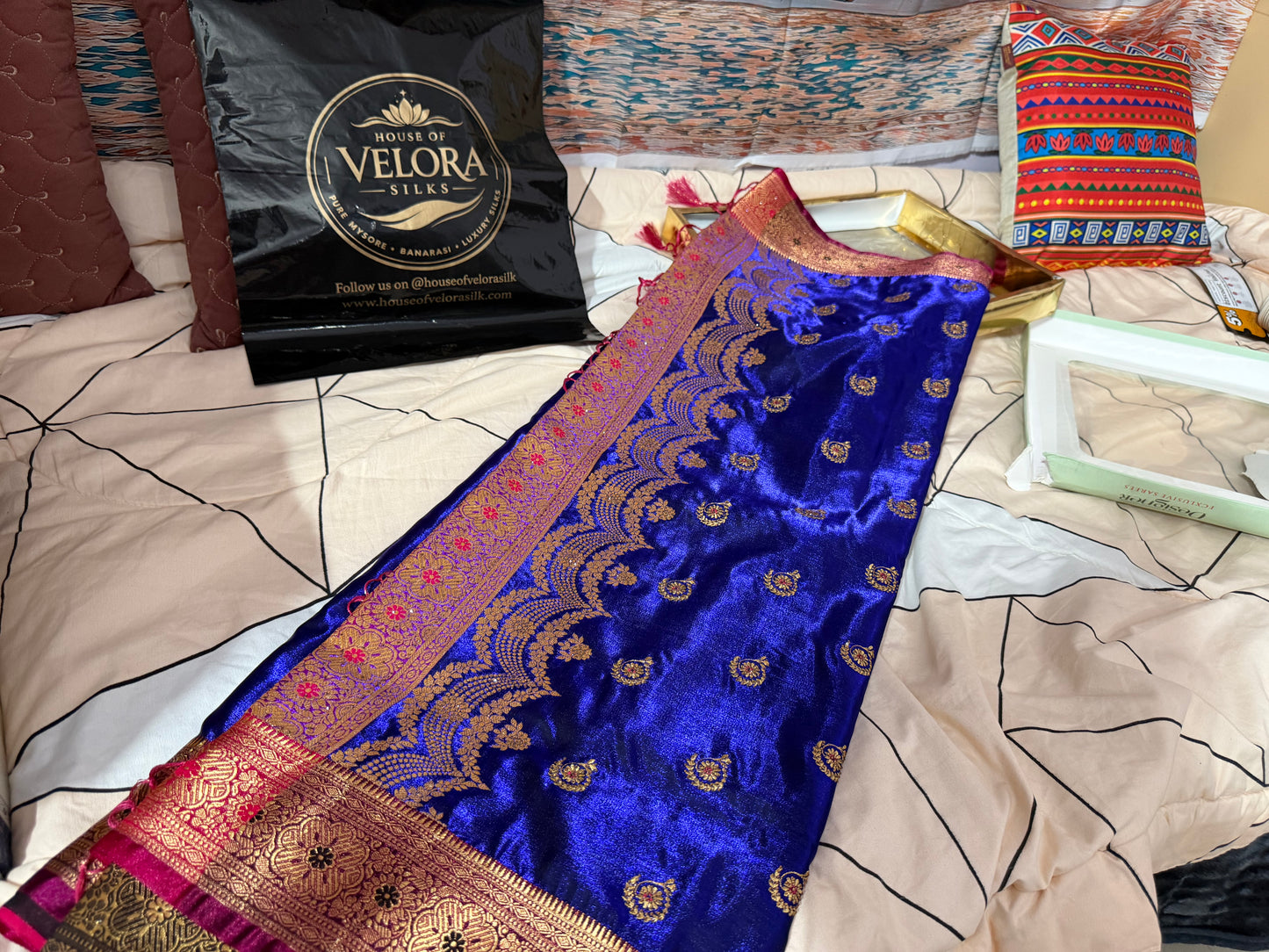 Banarasi Soft silk designer saree -Navy Blue saree fabric with gold embroidery