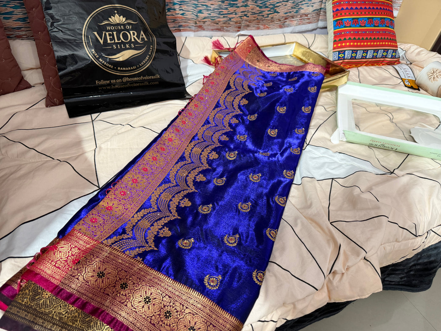 Banarasi Soft silk designer saree -Navy Blue saree fabric with gold embroidery