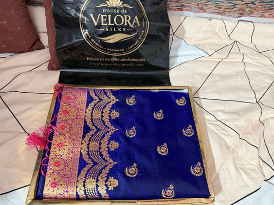 Banarasi Soft silk designer saree -Navy Blue saree fabric with gold embroidery