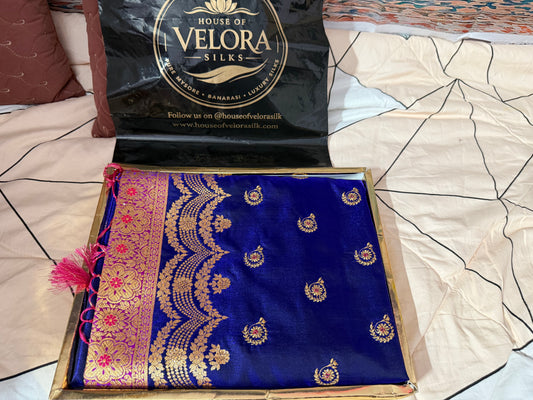 Banarasi Soft silk designer saree -Navy Blue saree fabric with gold embroidery