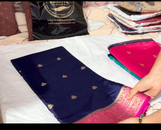 Mysore soft silk saree Navy blue shade very soft silk with small buttes.