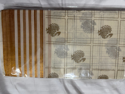 Kerala Cotton with peacock gold line boarder