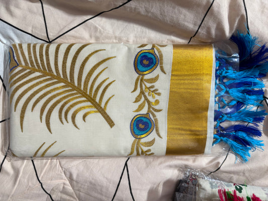 Kerala Cotton with leaf with blue design