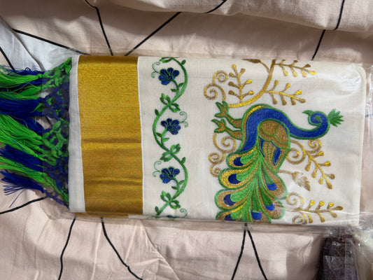 Kerala Cotton with peacock green design