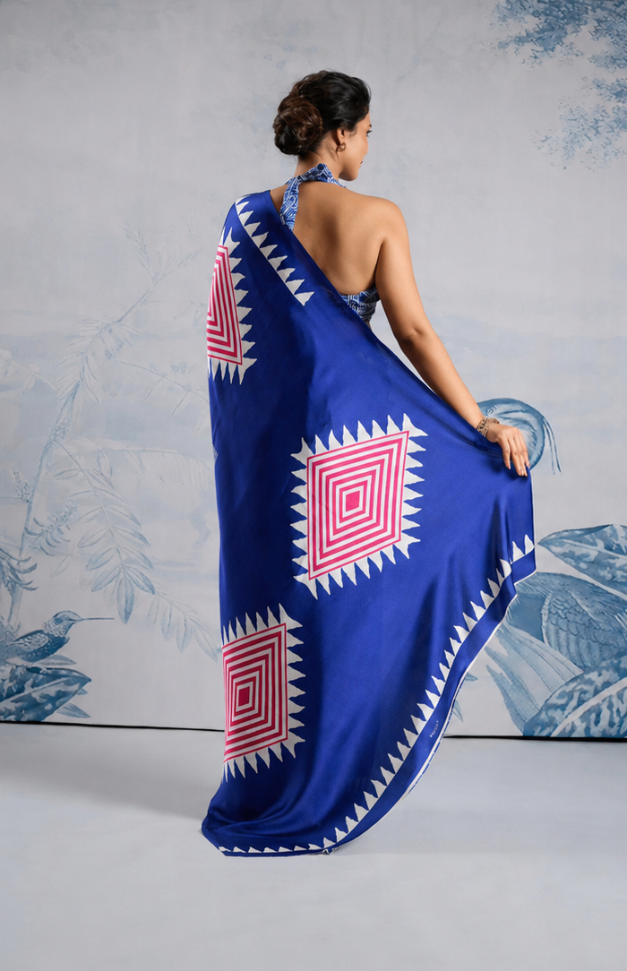 Satin Silk -blue triangle print saree