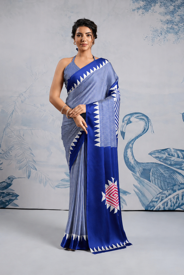 Satin Silk -blue triangle print saree