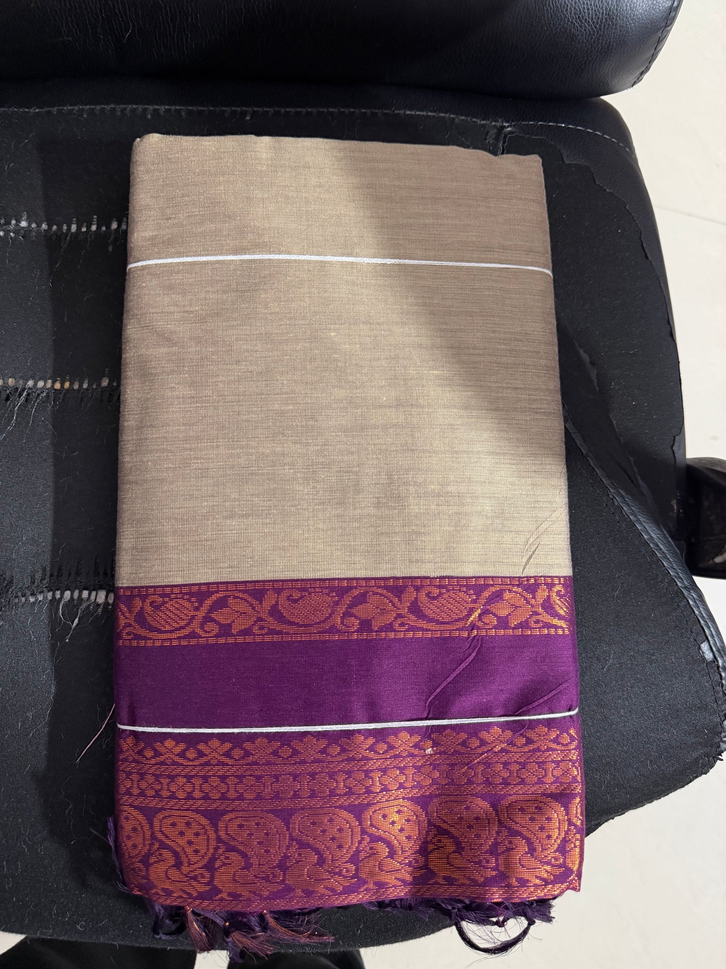 Kalyani cotton saree/Lata Gadwal Paithani -grey colour with dark wine with golden zari boarder