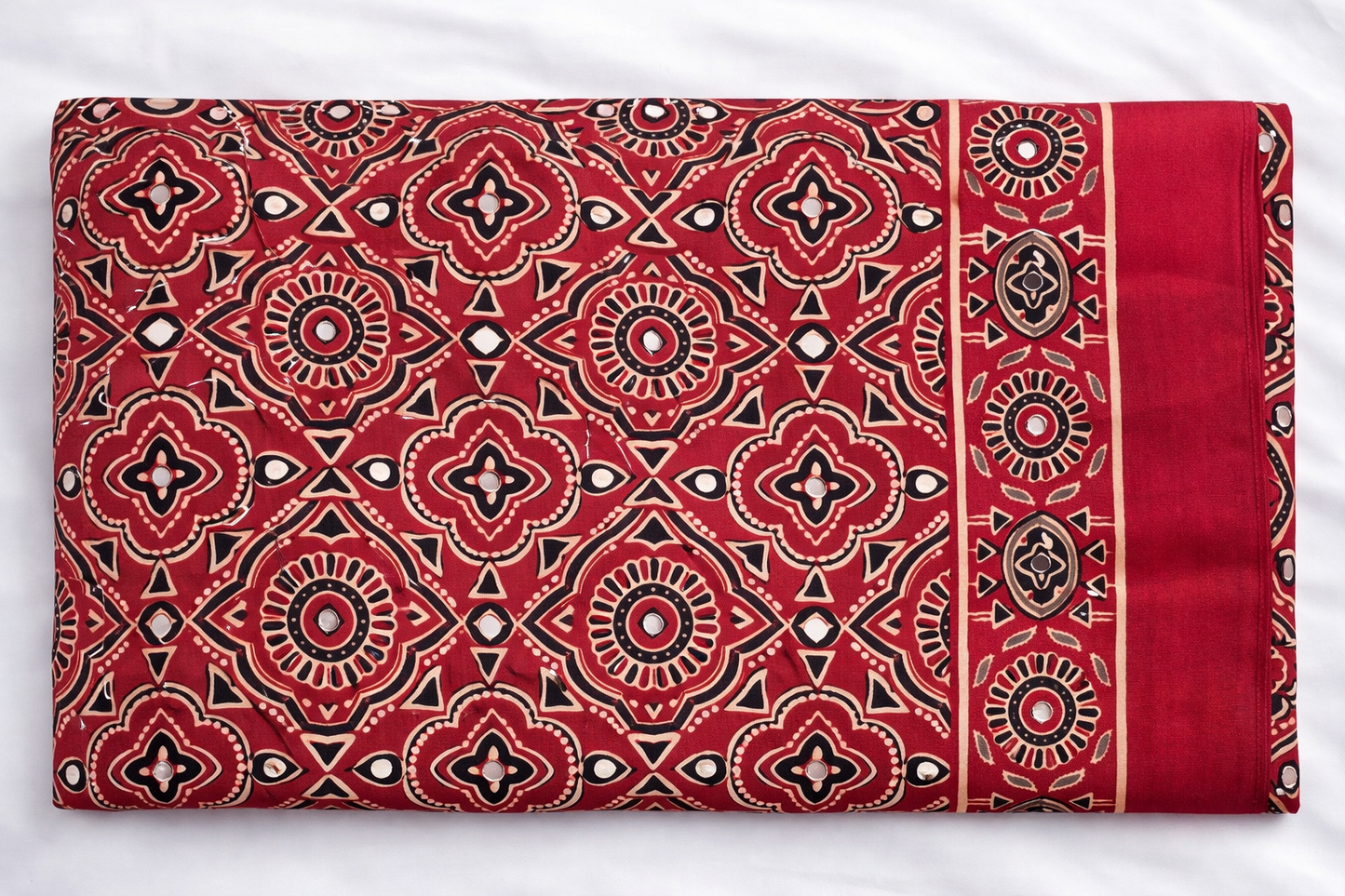 Ajrakh-inspired print  saree mirror work