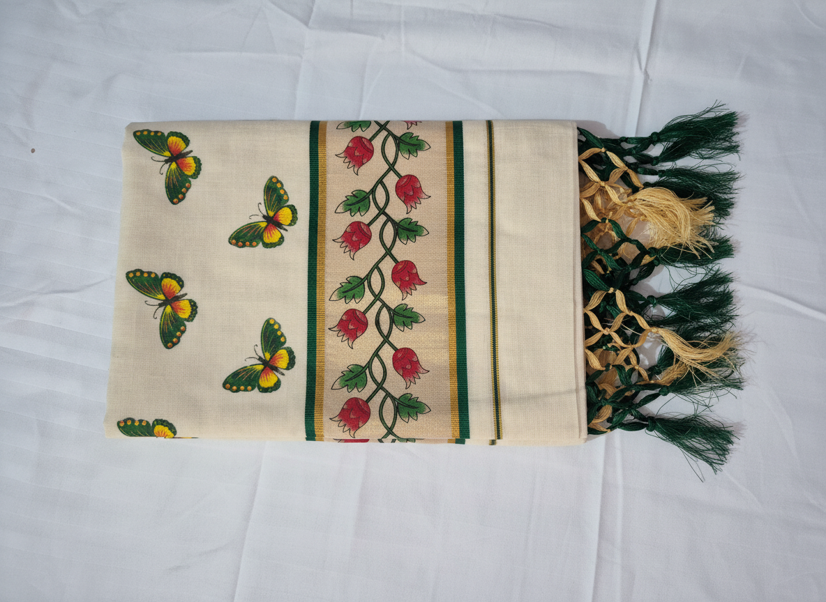 Kerala Cotton saree with butterfly design with blouse