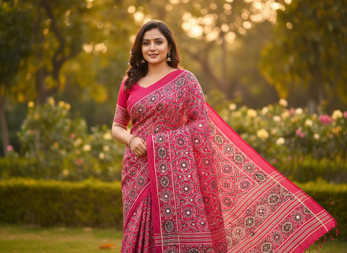 Ajrakh-inspired print  saree mirror work