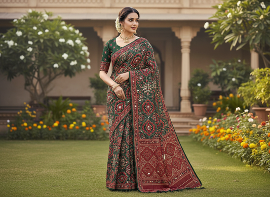 Ajrakh-inspired print  saree mirror work