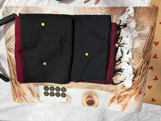Kadhi cotton saree - with gold cirlce buttas over saree - Black saree with maroon pallu