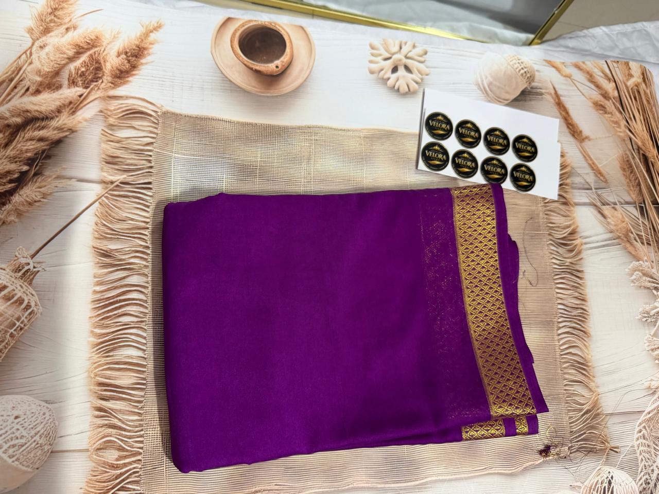 Mysore crep semi -Silk Blend Saree Featuring Rich Traditional Gold Border-  with small boarder