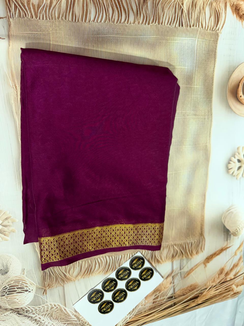 Mysore crep semi -Silk Blend Saree Featuring Rich Traditional Gold Border-  with small boarder