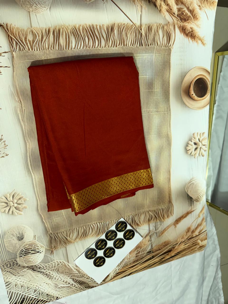 Mysore crep semi -Silk Blend Saree Featuring Rich Traditional Gold Border-  with small boarder