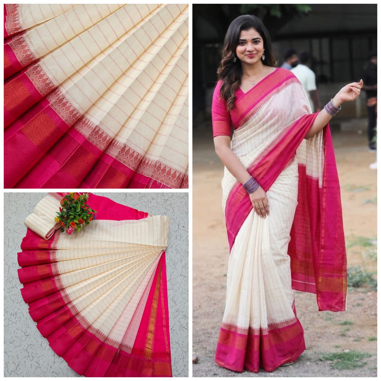 KORVAI BORDER SILK COTTON  SAREES -pink boards lines over saree