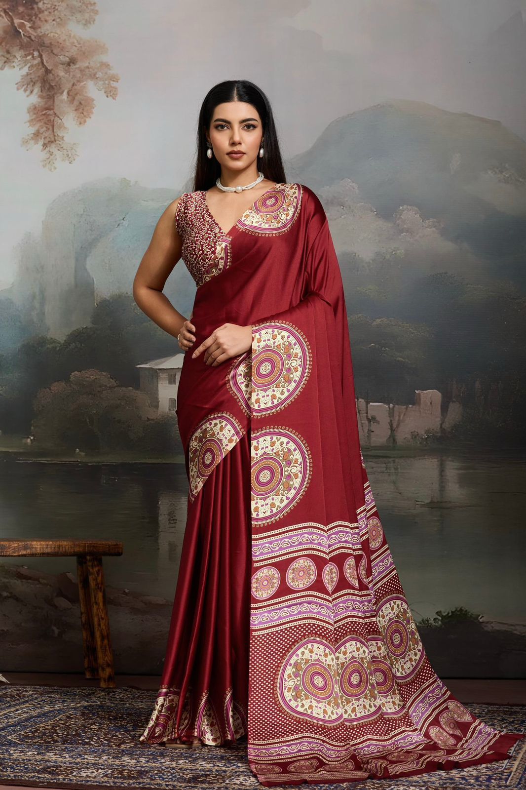 Satin Silk -maroon with semi-circle design