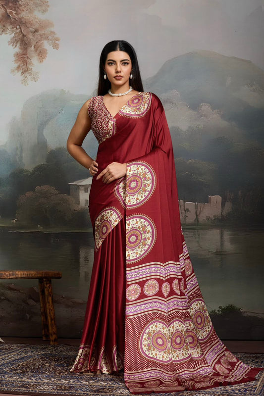 Satin Silk -maroon with semi-circle design