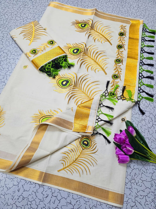 Kerala Cotton with leaf with Yellow green design