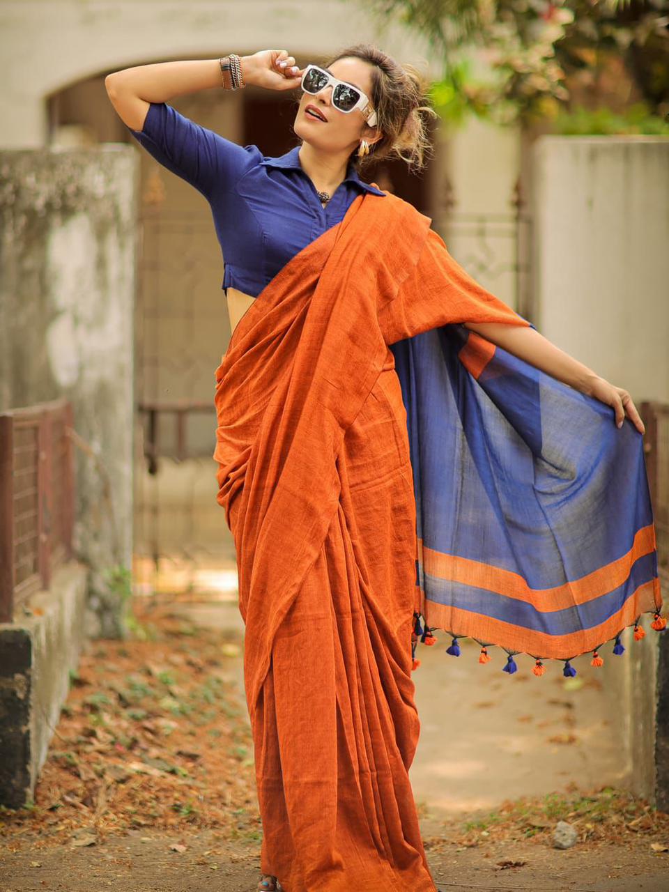 Premium Cotton Linen Saree UNSTICHED BLOUSE PIECE-Orange