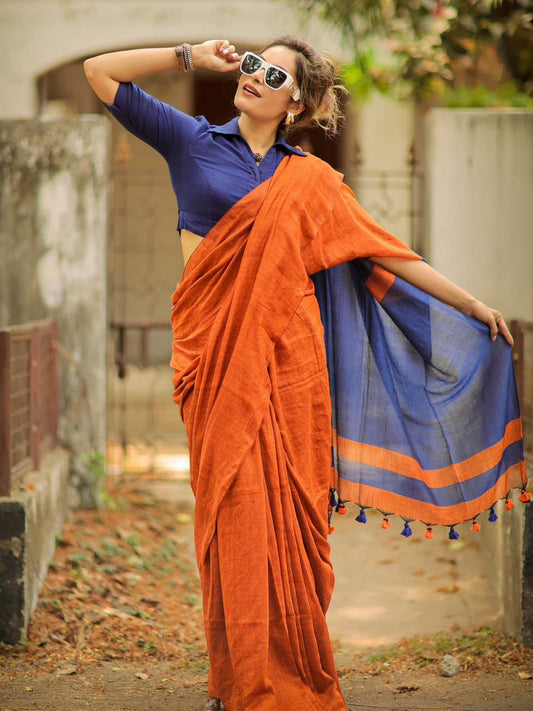 Premium Cotton Linen Saree UNSTICHED BLOUSE PIECE-Orange