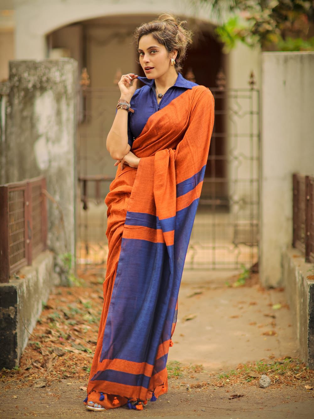 Premium Cotton Linen Saree UNSTICHED BLOUSE PIECE-Orange