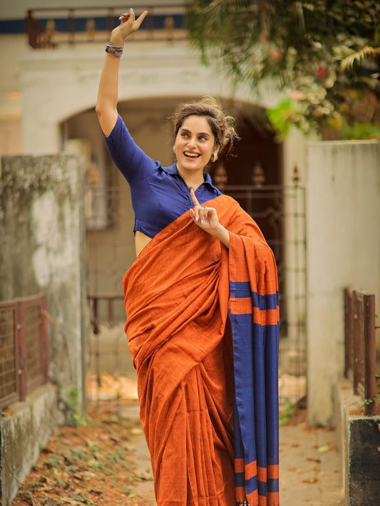 Premium Cotton Linen Saree UNSTICHED BLOUSE PIECE-Orange