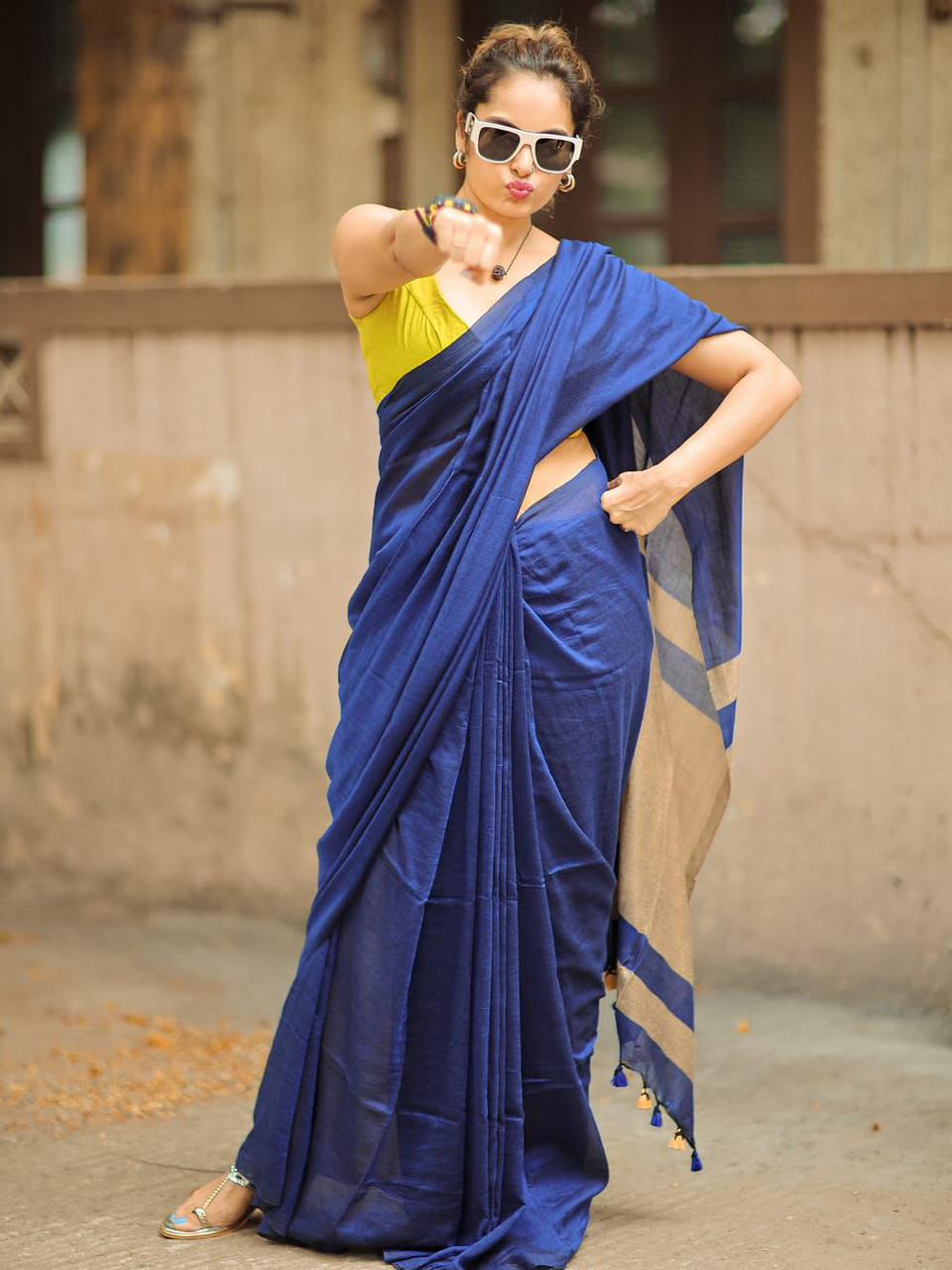 Premium Cotton Linen Saree UNSTICHED BLOUSE PIECE-Royal Blue