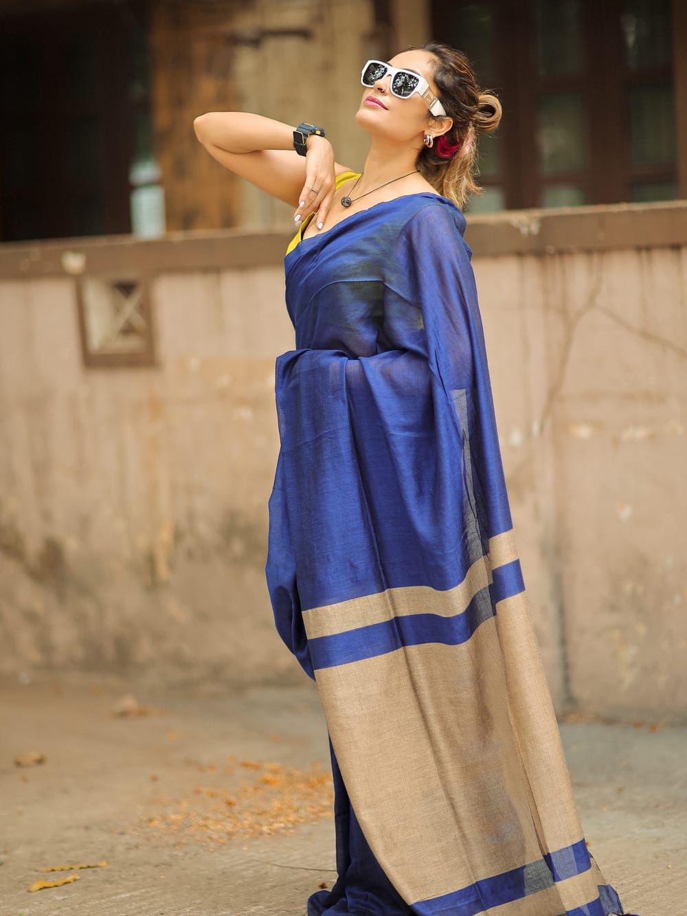 Premium Cotton Linen Saree UNSTICHED BLOUSE PIECE-Royal Blue