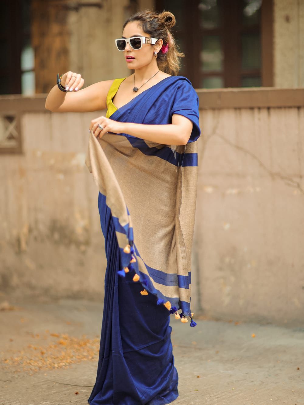 Premium Cotton Linen Saree UNSTICHED BLOUSE PIECE-Royal Blue