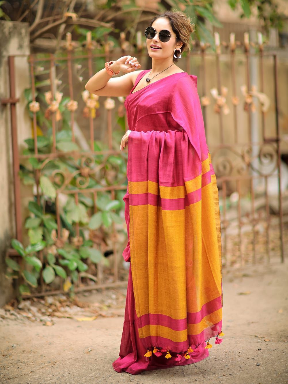Premium Cotton Linen Saree UNSTICHED BLOUSE PIECE-Pink