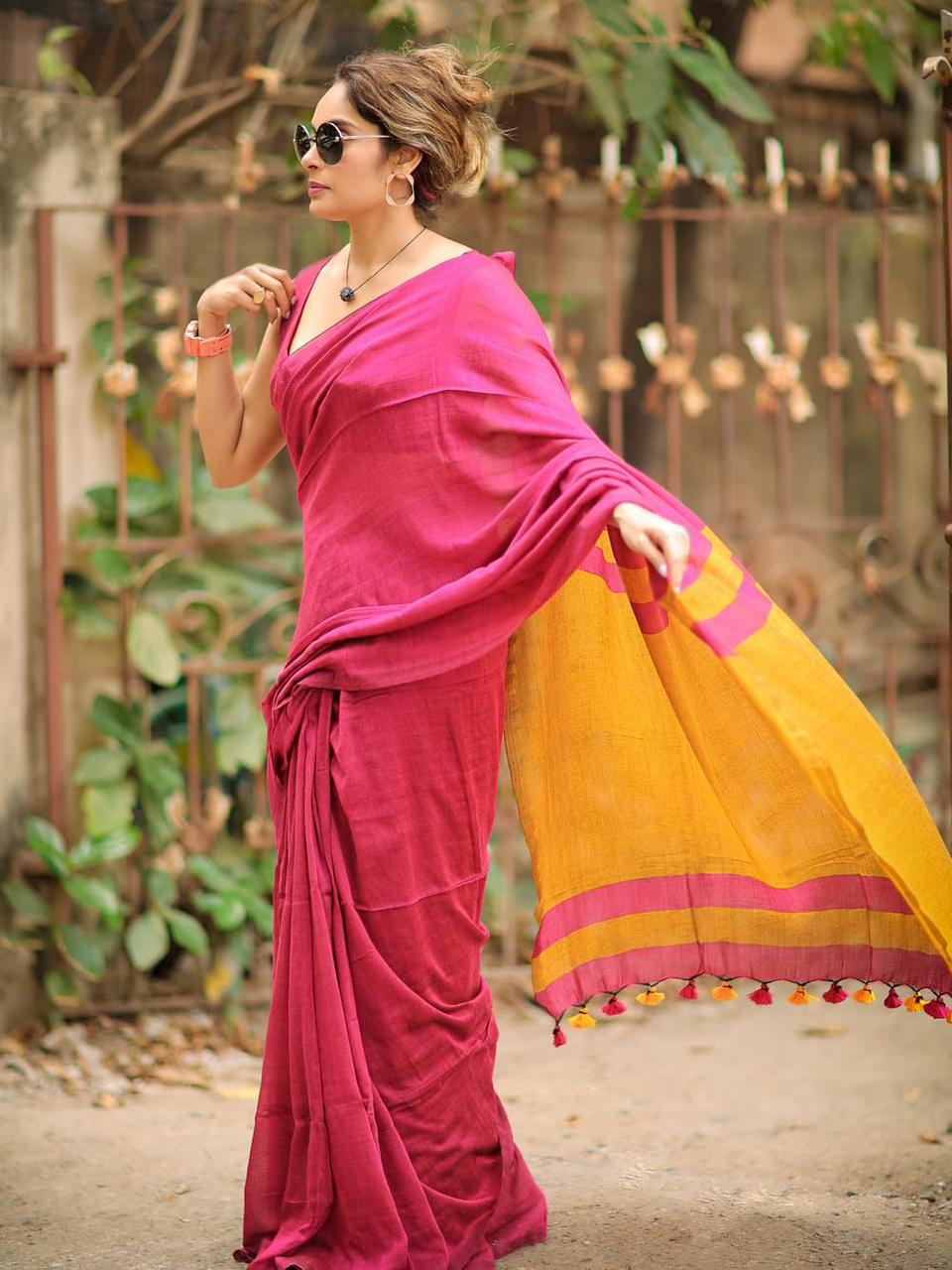 Premium Cotton Linen Saree UNSTICHED BLOUSE PIECE-Pink