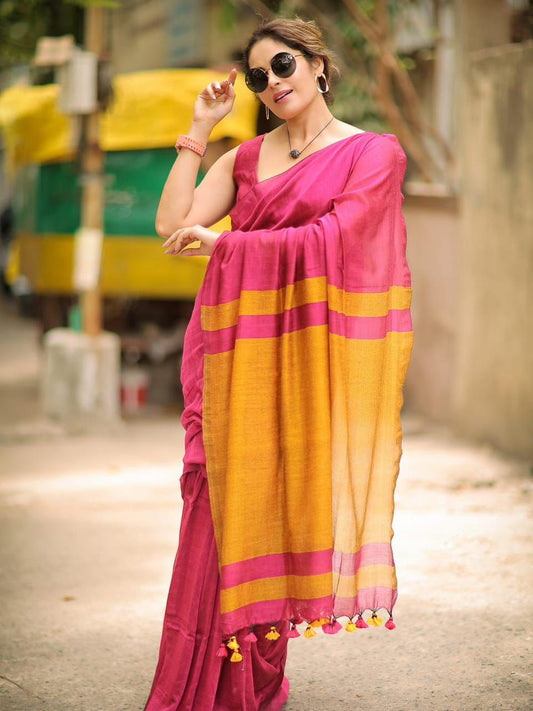 Premium Cotton Linen Saree UNSTICHED BLOUSE PIECE-Pink