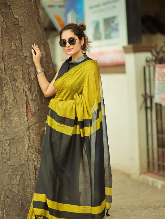 Premium Cotton Linen Saree UNSTICHED BLOUSE PIECE-Pale yellow with black boarder.