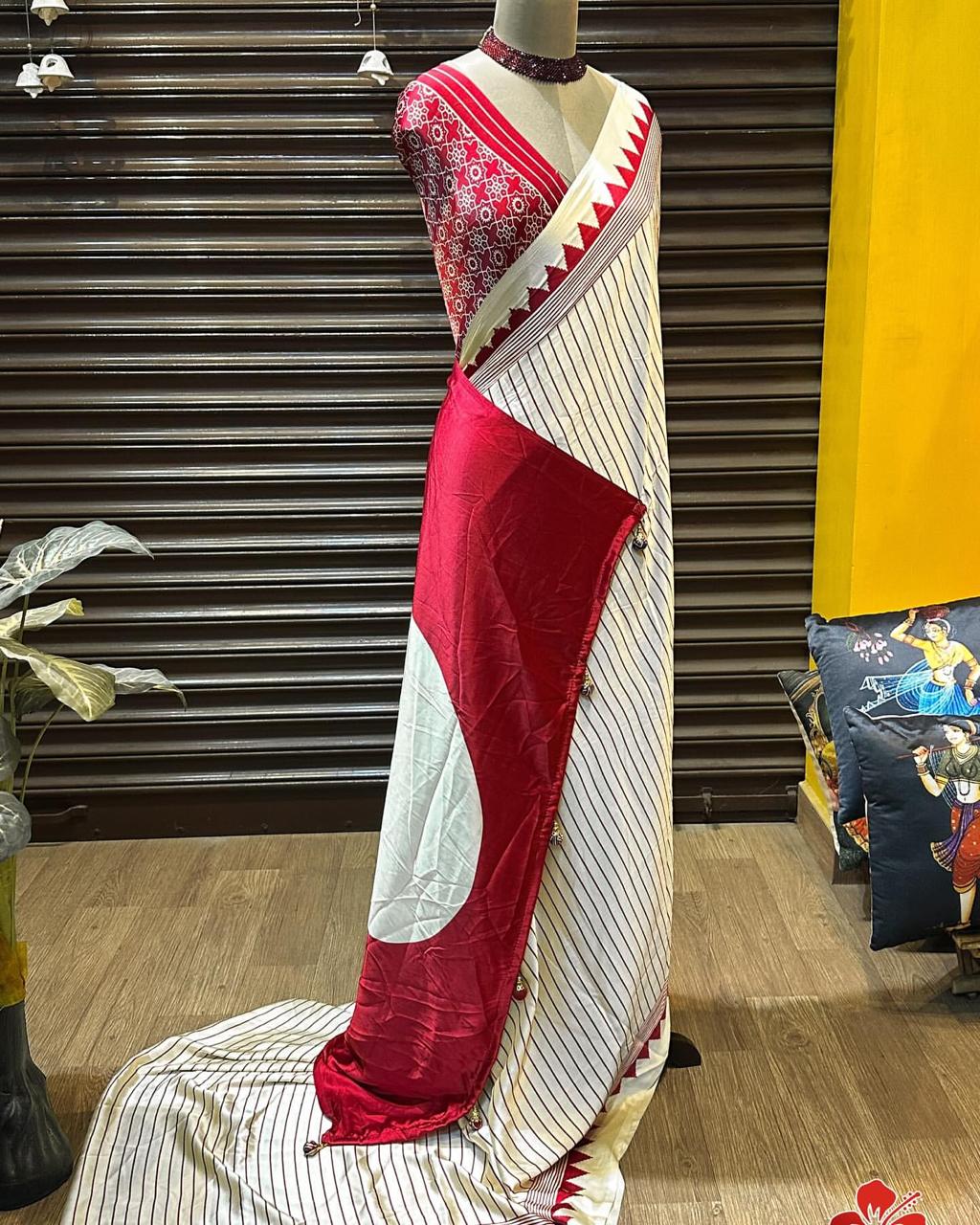 Satin Silk  -red and cream with triangle boarder