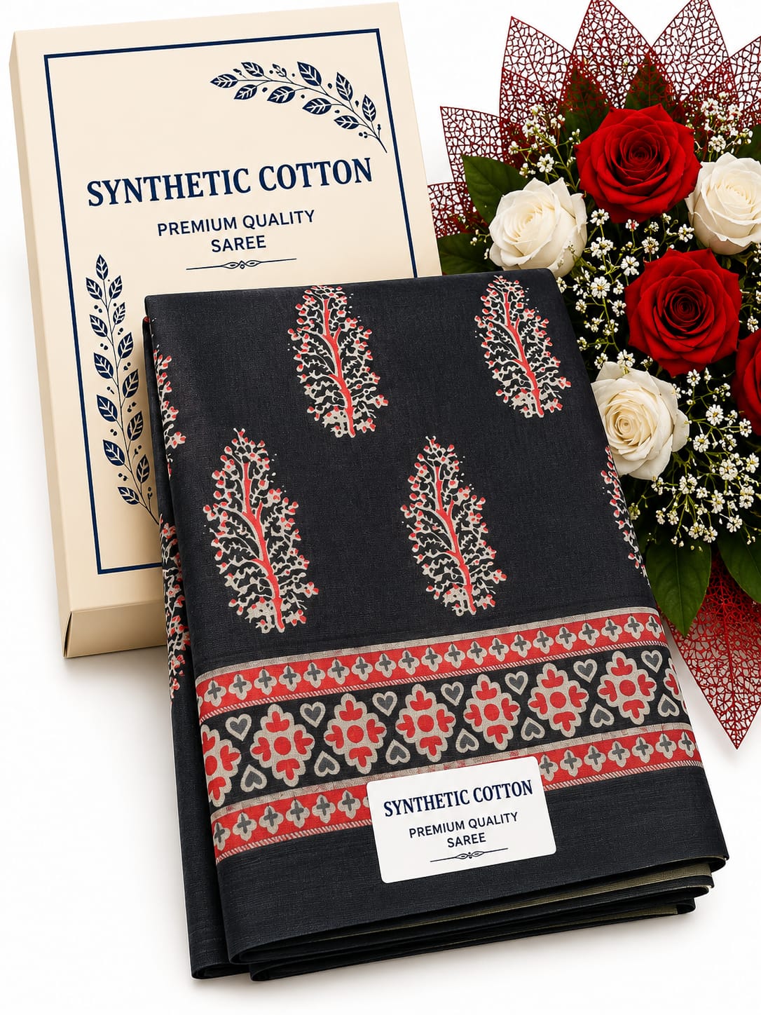 Synthetic Cotton -small flower -black leaf design