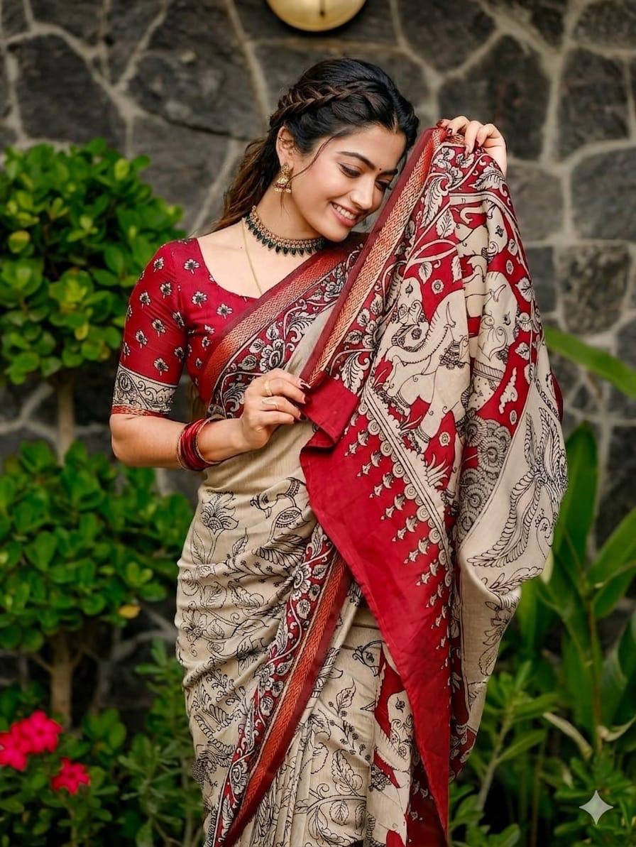 Kalamkari Dola Print saree  Design -7 -dola Silk - red and cream