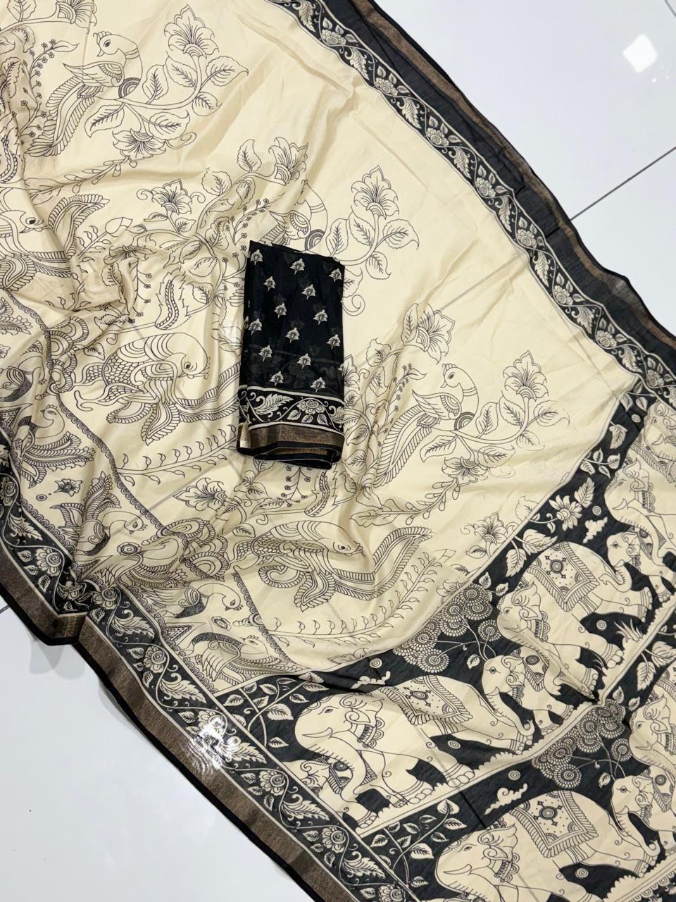 Kalamkari Dola Print saree  Design -7 -dola Silk - black and cream