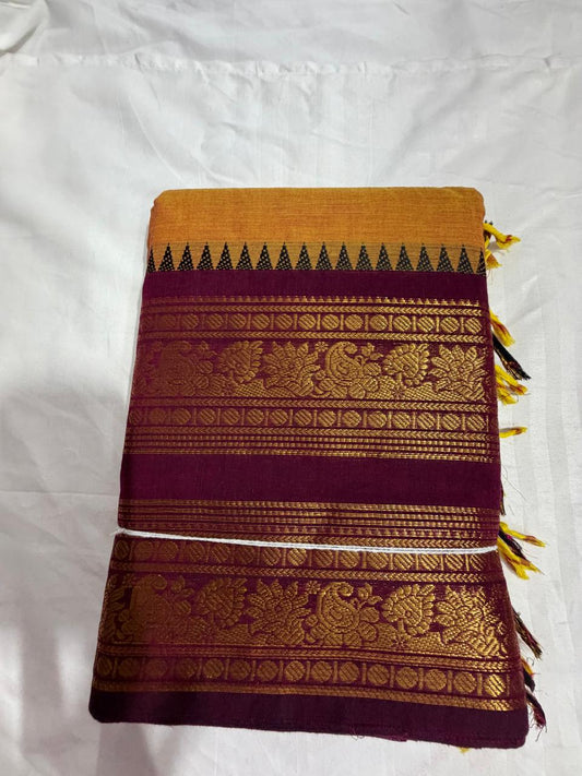 Kanchi Cotton Sarees- yellow with marron kanchi  boarder