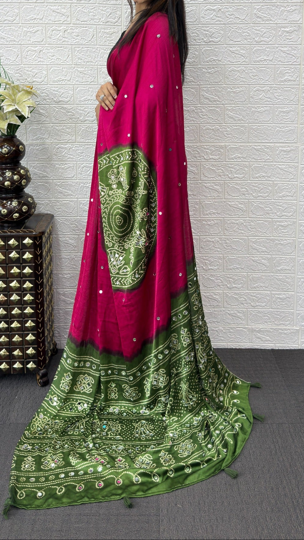 Ajrack model Silk with mirror work - Light green with Pink