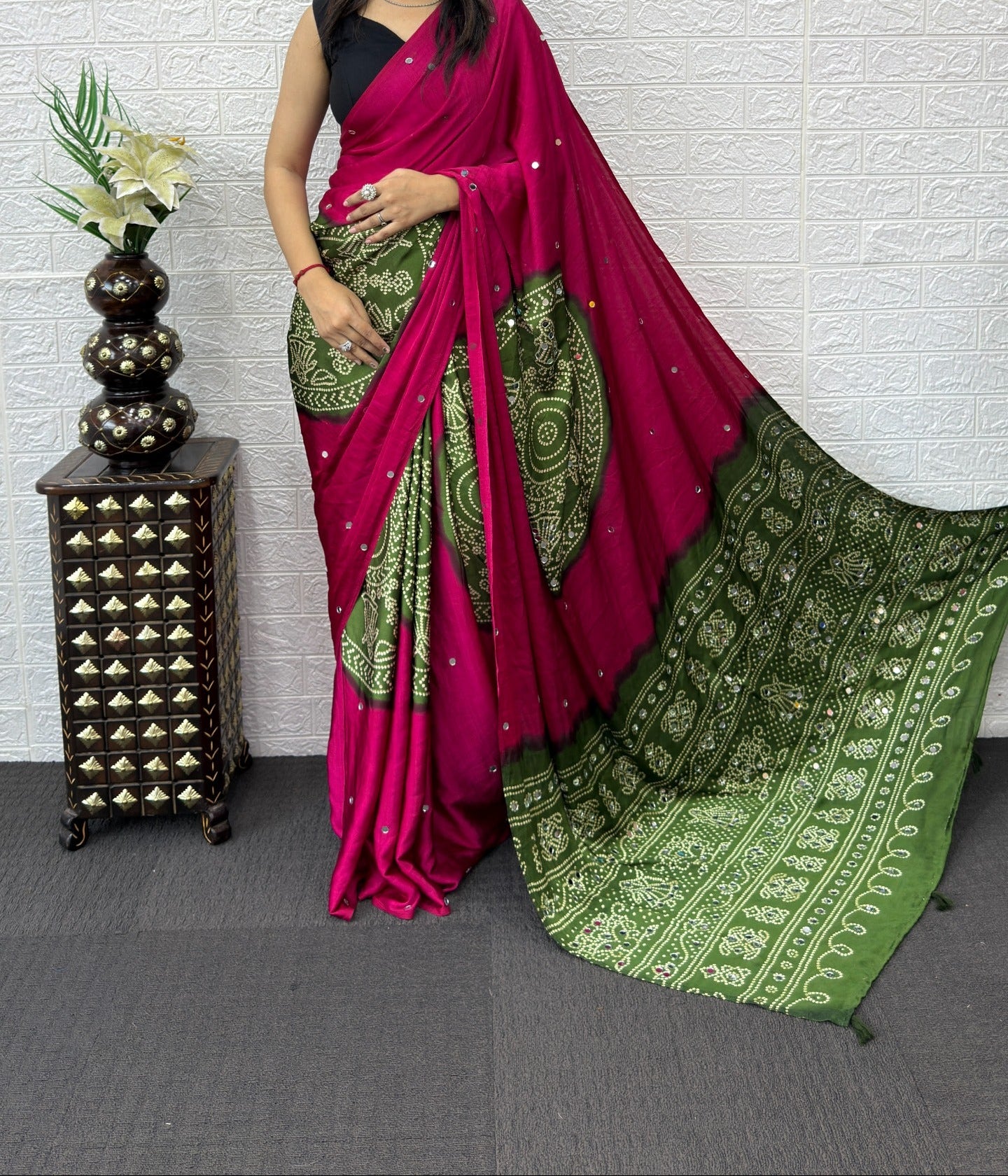 Ajrack model Silk with mirror work - Light green with Pink