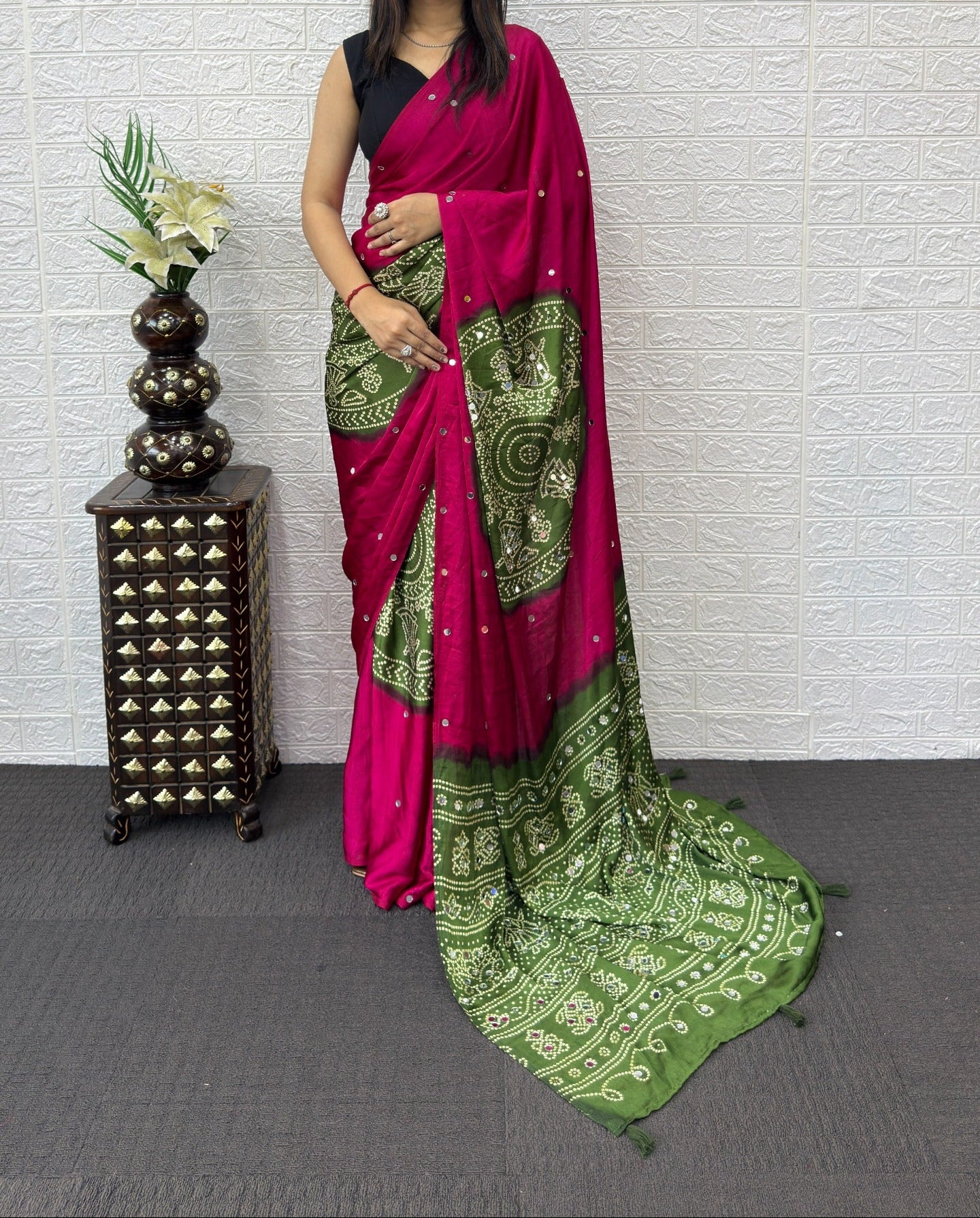 Ajrack model Silk with mirror work - Light green with Pink