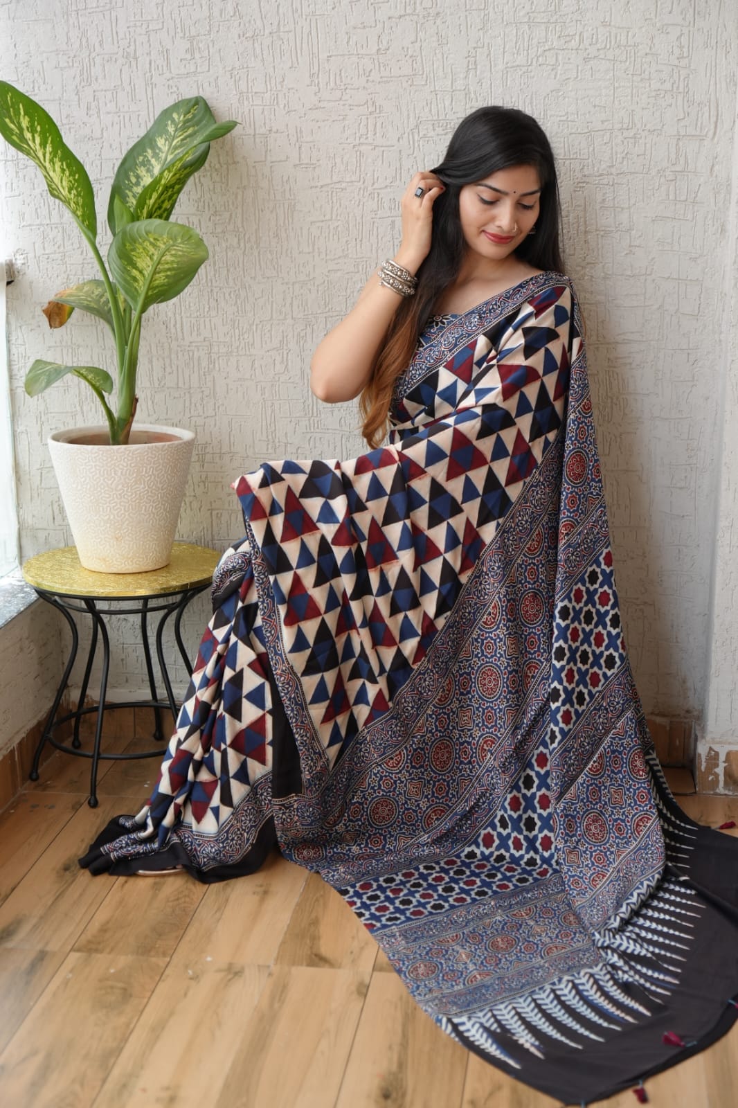 Gajji Modal silk- Printed with multi colour triangle- navy blue